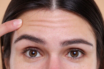 Closeup view of woman with wrinkles on her forehead