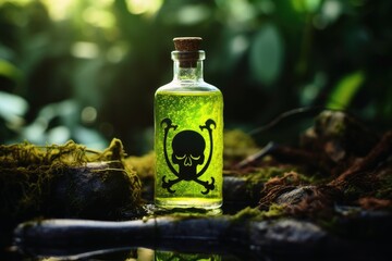 A bottle with a liquid and a poison symbol on it.