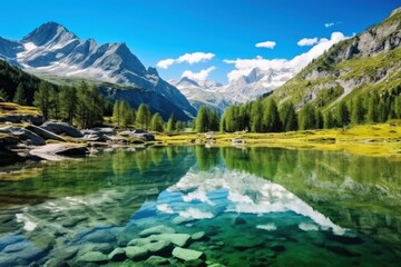 Fototapeta na wymiar A crystal clear mountain lake in a beautiful mountain landscape.