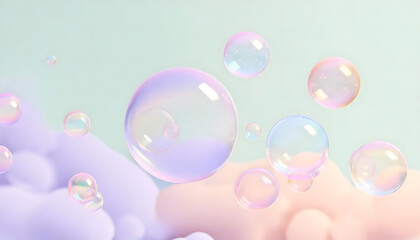 Flying soap bubbles on a pastel background, 3D art, colorful, concept art, warm colors