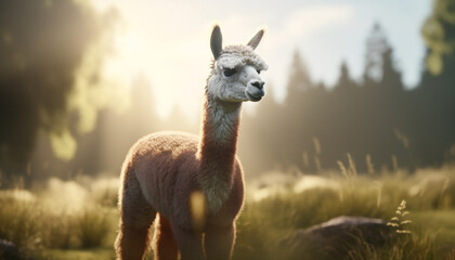 Obraz premium Cute alpaca grazing on grass in peaceful rural landscape generated by AI