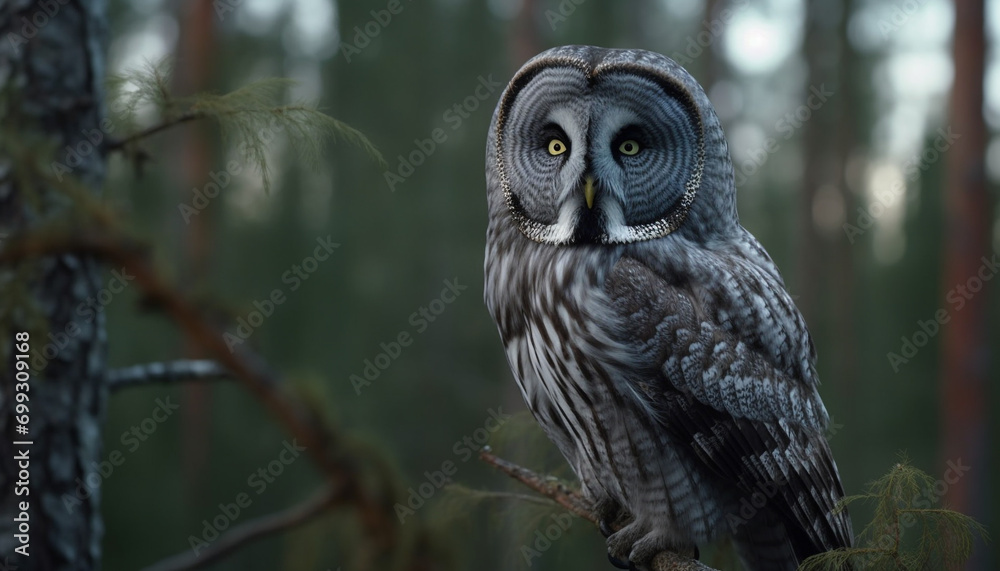 Wall mural Bird of prey perching on branch, staring with intense yellow eyes generated by AI