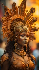 Portrait 9:16 of a female warrior carnival mask with wheel cap decoration on her head, sun or reincarnation symbol, golden divinity, thai, asian or african metis goddess, beauty fashion model idol
