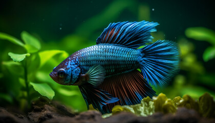 Fototapeta premium Blue fish swimming in water, showcasing elegance and natural beauty generated by AI