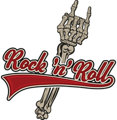 Rock 'n' roll - banner, logo, emblem, label or design element. Creative lettering with skeleton hand.