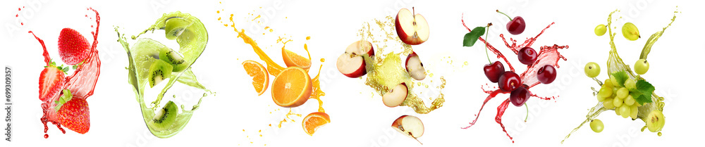 Sticker fresh fruits with splashing juices on white background, set - Stickers