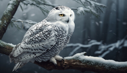 Snowy owl perched on branch, looking at camera in winter forest generated by AI