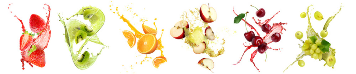 Fresh fruits with splashing juices on white background, set - obrazy, fototapety, plakaty