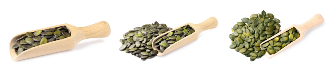 Peeled pumpkin seeds and wooden scoop isolated on white,set