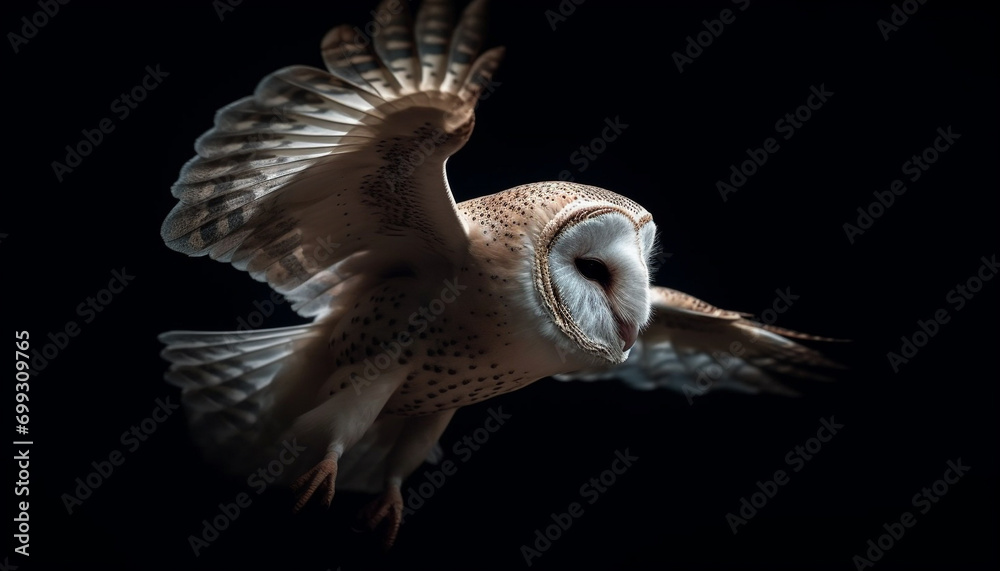 Poster bird of prey flying with spread wings, looking at camera generated by ai