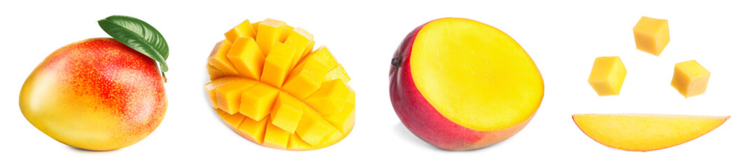 Mango fruits cut in different ways and one whole isolated on white