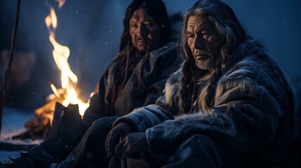 Two old men in traditional clothing sitting by the campfire - obrazy, fototapety, plakaty