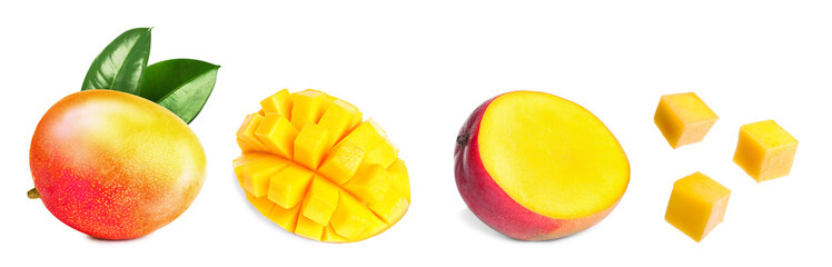 Mango fruits cut in different ways and one whole isolated on white