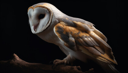 Bird of prey perching on branch, close up of animal eye generated by AI