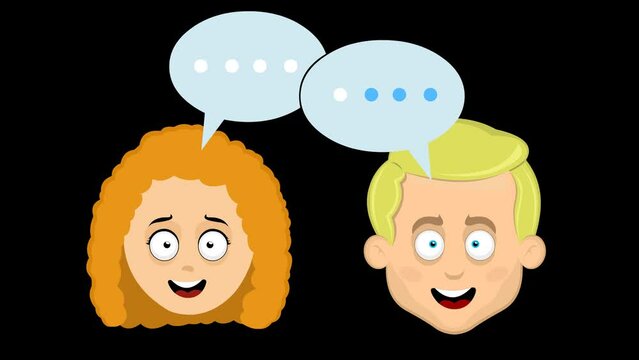 video animation conceptual icon people talking in chat technology, of a woman and man cartoon with speech bubbles loading messages online. On a transparent background with zero alpha channel