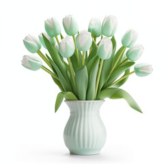 bouquet of tulips in ceramic vase on white background, AI generation
