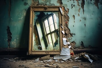 An old broken mirror with cracks in an abandoned haunted house.