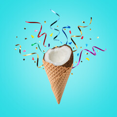 Coconut with ice cream cone and party streamers on bright background. Minimal party concept.