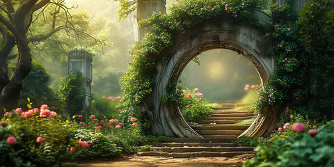 Enchanted Garden Gateway Overgrown with Lush Greenery and Flowers, Inviting to a Mystical Journey in a Sunlit Glade