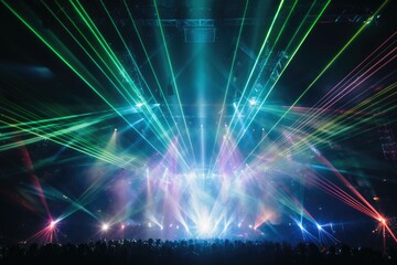 Beautiful laser show on a stage at a concert.