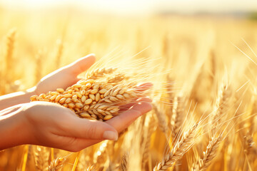 Female hands holding a handful of ripe wheat grains and ears in a wheat field close up lit by the rays of setting sun. Harvest of a wheat. - obrazy, fototapety, plakaty