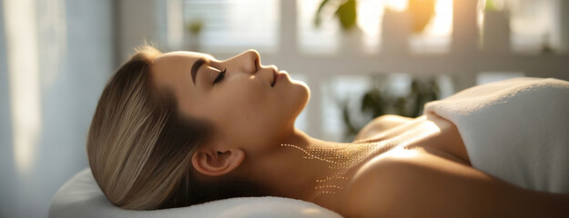 Tranquil Spa Day with Soothing Neck Massage for Ultimate Relaxation and Self-care. Woman enjoys a calming treatment. Amidst a peaceful ambiance, the individual lies in repose, relaxation.