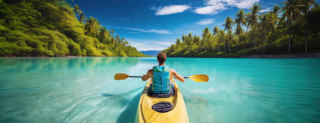 Tropical Kayaking Adventure. A kayaker paddles through clear turquoise waters in a lush tropical setting