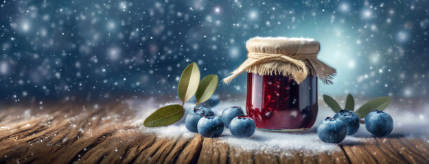 Homemade Jam in a Winter Scene. A jar of homemade jam with fresh blueberries on a snowy surface
