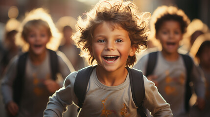 a group of cute, funny kids run home from school - obrazy, fototapety, plakaty