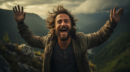 A happy mountaineer on top of a mountain