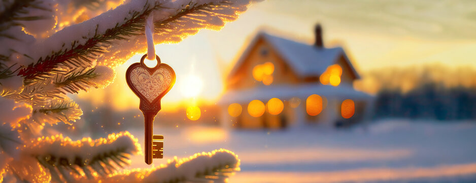 Key to a Cozy Home. A decorative key hanging on a snowy branch with a warm house in the sunset background