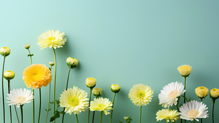Yellow gerbera flowers on a light-green background with copy space.