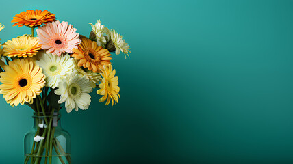 Multicolored gerbera flowers in a vase on a turquoise background with copy space.