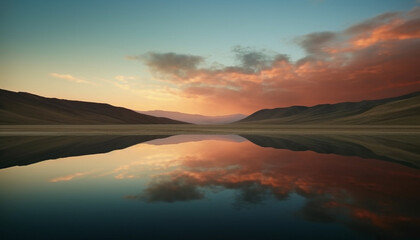 Tranquil scene nature beauty in sunset, reflecting on water generated by AI