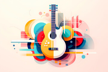 Harmonizing music and art: an abstract, colorful illustration for International World Music Day. Imaginative design featuring guitar and piano instruments in muted pastel hues.





 - obrazy, fototapety, plakaty