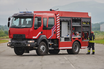 A firefighter meticulously prepares a modern firetruck for a mission to evacuate and respond to dangerous situations, showcasing the utmost dedication to safety and readiness in the face of a fire