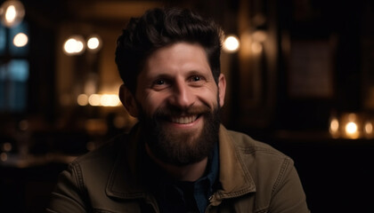 A cheerful young man with a beard, looking at the camera generated by AI