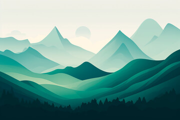 Capturing the essence of nature: a minimalistic illustration featuring abstract green landscapes with serene mountains and rolling hills as a tranquil backdrop.





