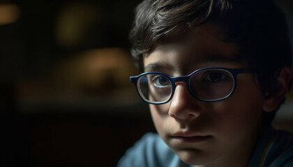 Fototapeta na wymiar A sad boy in glasses, alone, contemplating his solitude generated by AI