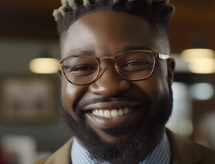 Obraz premium A confident African American businessman smiling, looking at camera in office generated by AI