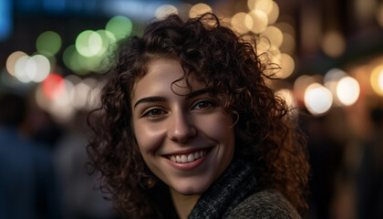 Fototapeta premium Smiling young adult woman outdoors, looking at camera with confidence generated by AI