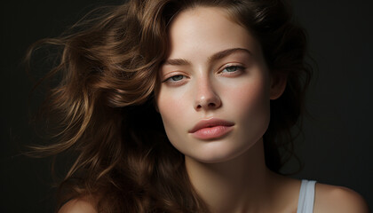 Fototapeta premium Beautiful Caucasian woman with brown curly hair, looking at camera generated by AI