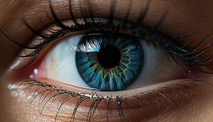 Close up of a woman blue eye, staring into camera generated by AI