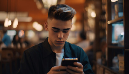 One young man sitting indoors, holding a smart phone, reading generated by AI