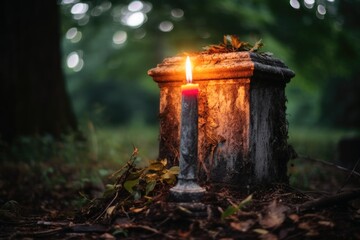 Close up of weathered gravestone with burning candle in front of it. - obrazy, fototapety, plakaty