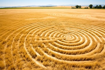 Complex crop circles and patterns in a wheat field viewed from above showing ufo sightings. - obrazy, fototapety, plakaty