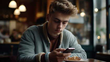One man sitting in a coffee shop, texting on his phone generated by AI