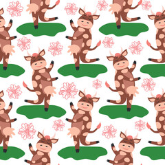 Dancing cow in the meadow cute seamless pattern, splashes of milk and the inscription Milk, Cow, Love. Flat