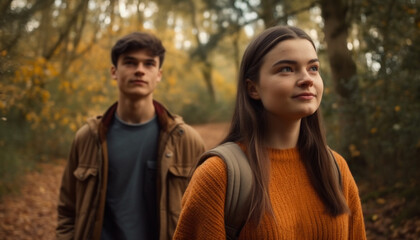 Obraz premium Young couple in autumn forest, smiling, enjoying nature and togetherness generated by AI