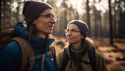 Fototapeta premium Two young adults hiking in the forest, smiling and exploring together generated by AI